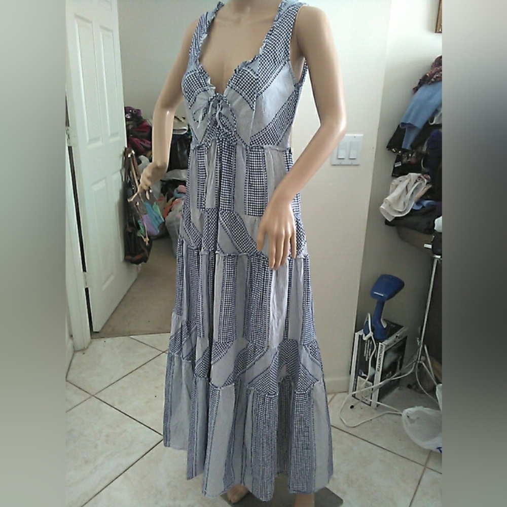 WOW! Betsey Johnson Navy & White Patchwork Maxi Dress SZ. M (LOVE MS. BETSY)